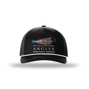 IA Lure Stitch Hat - 112FPR 5 Panel Rope Trucker - Black W/ White Rope
