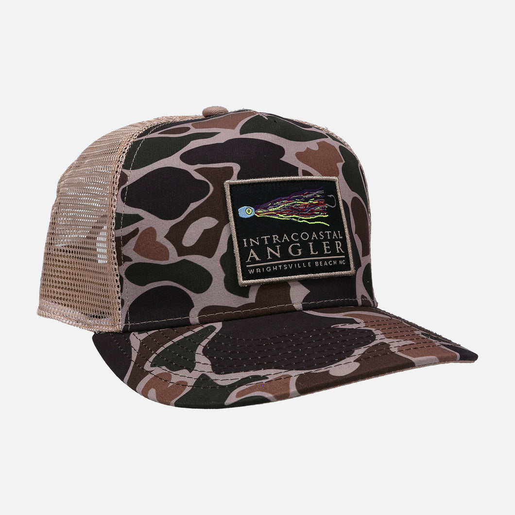 Intracoastal Angler High Crown Duck Camo/Tan Trucker Woven Lure Patch